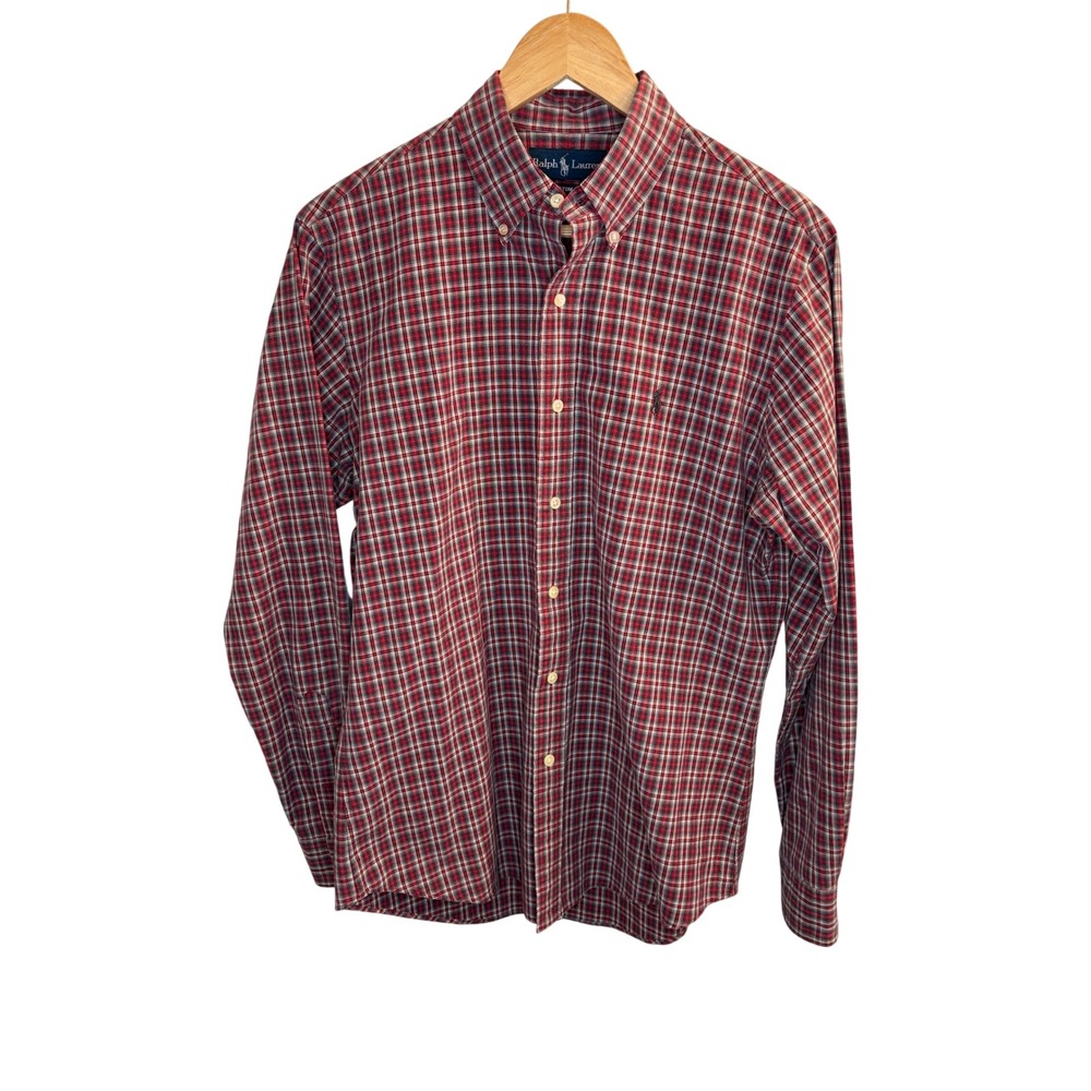 Ralph Lauren Mens Custom Fit Plaid Button Down Shirt Red Navy Blue Size M